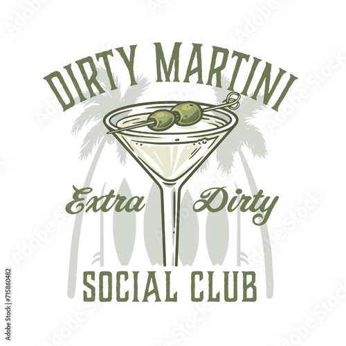 Martini cocktail vector with olive and splashes for alcohol for cocktail bar or drink party. Logo design with glass of martini for tee print of bartender or barman