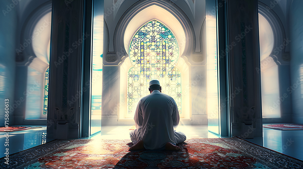 A Muslim man praying in mosque Ramadan Islamic background Generative Ai