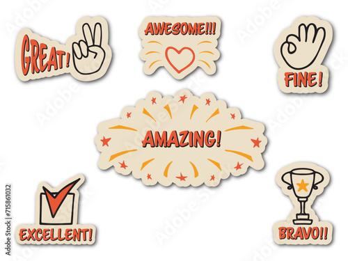 Set of colorful stickers with inspirational and motivational, positive slogans, phrases, compliments, lettering quotes. Hand drawn vector doodles in flat style, sketch style.
