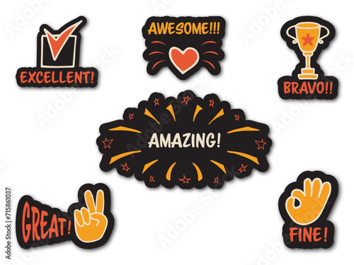 Set of colorful stickers with inspirational and motivational, positive slogans, phrases, compliments, lettering quotes. Hand drawn vector doodles in flat style, sketch style.