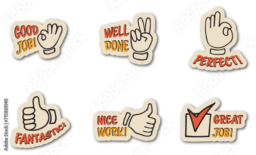 Set of colorful stickers with inspirational and motivational, positive slogans, phrases, compliments, lettering quotes. Hand drawn vector doodles in flat style, sketch style.