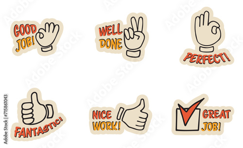 Set of colorful stickers with inspirational and motivational, positive slogans, phrases, compliments, lettering quotes. Hand drawn vector doodles in flat style, sketch style.