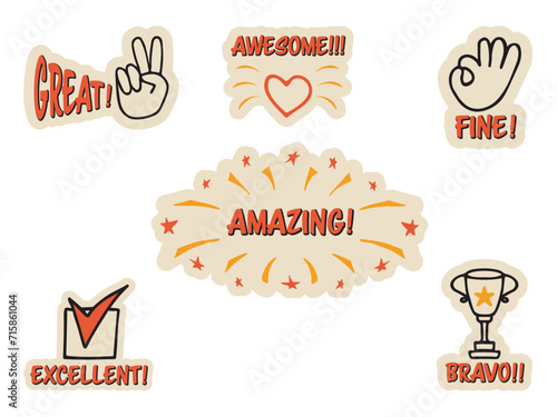 Set of colorful stickers with inspirational and motivational, positive slogans, phrases, compliments, lettering quotes. Hand drawn vector doodles in flat style, sketch style.