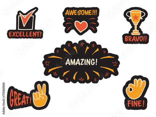 Set of colorful stickers with inspirational and motivational, positive slogans, phrases, compliments, lettering quotes. Hand drawn vector doodles in flat style, sketch style.