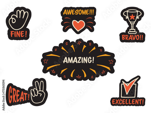 Set of colorful stickers with inspirational and motivational, positive slogans, phrases, compliments, lettering quotes. Hand drawn vector doodles in flat style, sketch style.