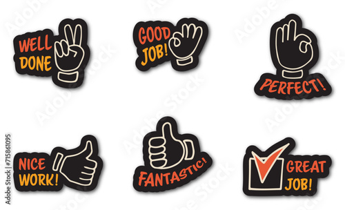 Set of colorful stickers with inspirational and motivational, positive slogans, phrases, compliments, lettering quotes. Hand drawn vector doodles in flat style, sketch style.