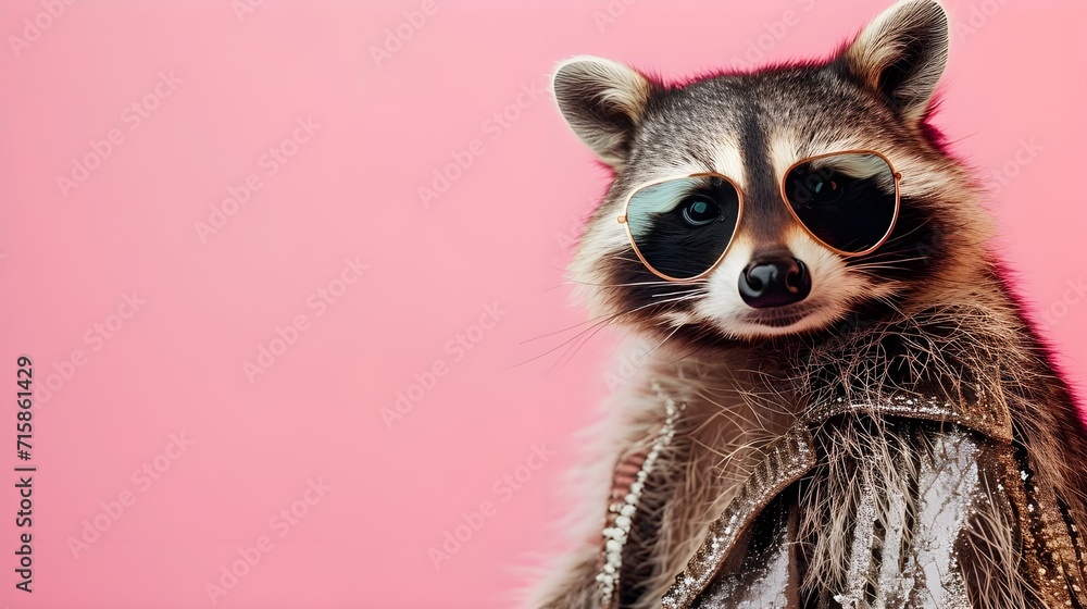 Creative animal concept. Raccoon racoon in glam fashionable couture high end outfits isolated on bright background advertisement, copy space. birthday party invite invitation banner
