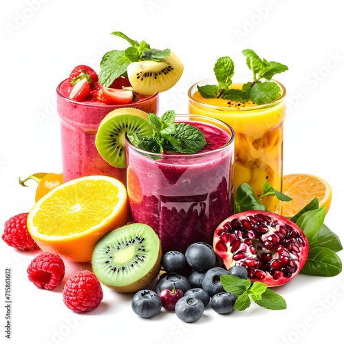Freshly made smoothie with fruits and vegetables isolated on white background, hyperrealism, png 