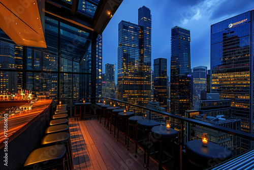 Elegant rooftop bar at dusk, overlooking skyscrapers