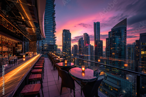 Elegant rooftop bar at dusk, overlooking skyscrapers