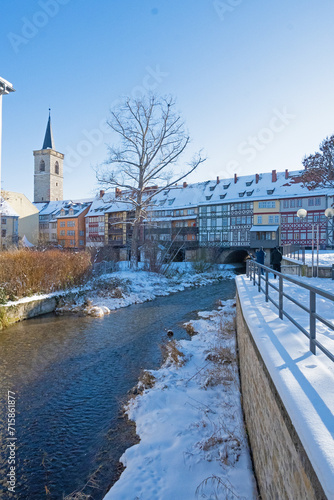 snow covered merchants bridge in Erfurt in winter