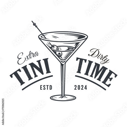Martini cocktail vector with olive and splashes for alcohol for cocktail bar or drink party. Monochrome print or logo design with glass of martini for bartender or barman