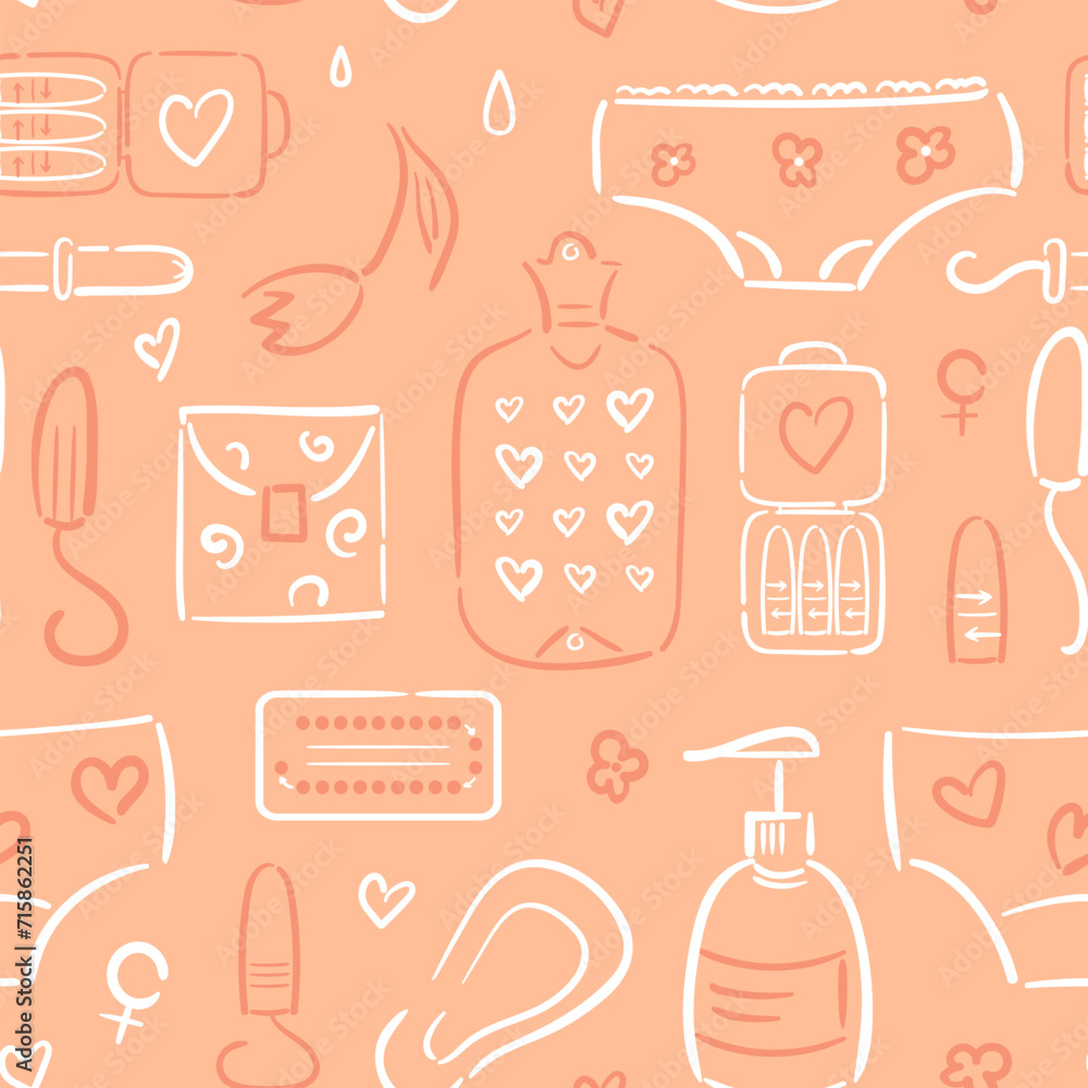 Seamless pattern of feminine hygiene items in hand-drawn style. Menstrual. Reusable and disposable pads. Tampons, birth control pills. Uterus, condom. Women Health. Panties and a heating pad.
