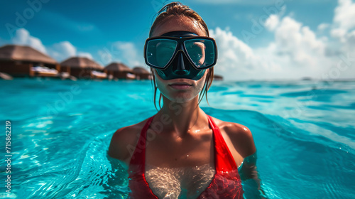 Woman in diving mask in beautiful sea. 