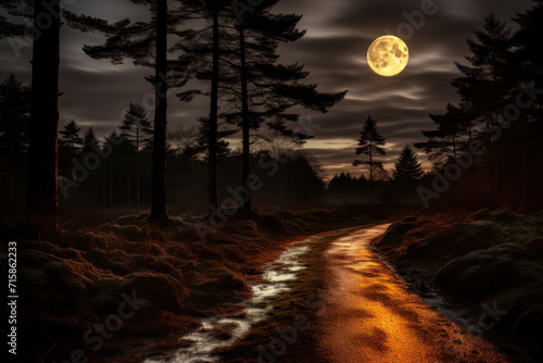 Full Moon Over a Mystical Forest Path at Twilight © Asmodar