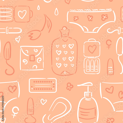 Seamless pattern of feminine hygiene items in hand-drawn style. Menstrual. Reusable and disposable pads. Tampons, birth control pills. Uterus, condom. Women Health. Panties and a heating pad.
