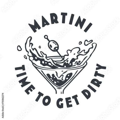Martini cocktail vector with olive and splashes for alcohol for cocktail bar or drink party. Monochrome print or logo design with glass of martini for bartender or barman