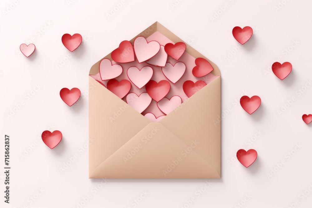 Envelope with paper hearts on white background Red satin bow isolated on white background
