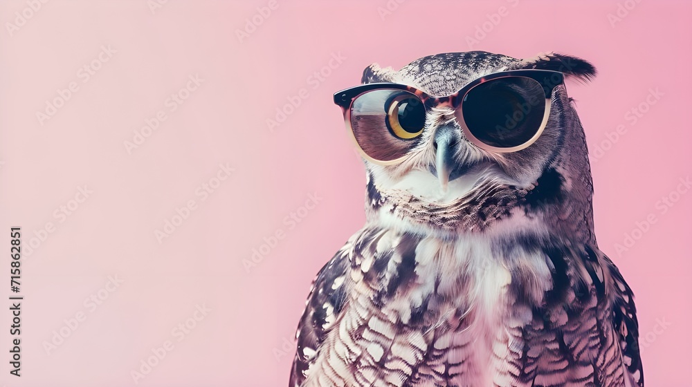 Creative animal concept. Owl bird in sunglass shade glasses isolated on solid pastel background, commercial, editorial advertisement, surreal surrealism Creative animal concept. Owl bird in sunglass shade glasses isolated on solid pastel background, commercial, editorial advertisement, surreal surrealism