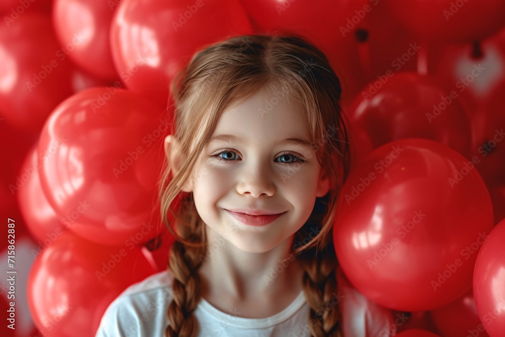 Intimate shot of a cheerful teenage girl surrounded by numerous crimson balloons. Top-notch studio image. Intimate shot of a cheerful teenage girl surrounded by numerous crimson balloons. Top-notch studio image.
