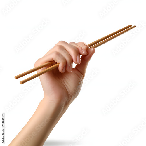 Hand holding a pair of chopsticks isolated on white background, hyperrealism, png 