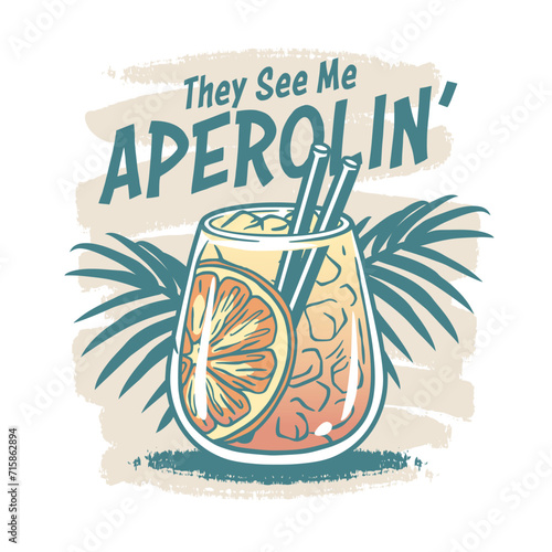 Aperol cocktail vector with ice and slice of orange for cocktail bar or drink summer party. Aperol spritz or alcohol cocktail with gin for tee print of beach bar and cafe menu