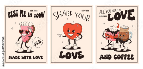 Valentine's Day set of vintage posters. Happy and cheerful retro mascots. Old animation 50s 60s 70s, groovy cartoon characters of coffee sweets and hearts, donut, cupcake, espresso, latte, present