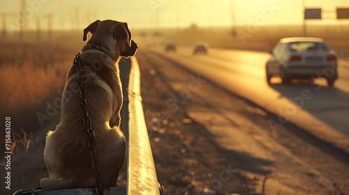 Abandoned and sad dog tied with a chain to the guardrail on the highway watches his owner's car go away. Abandonment of animals for the holidays photo