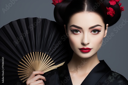 Captivating geisha in elegant black kimono holding a delicate hand fan