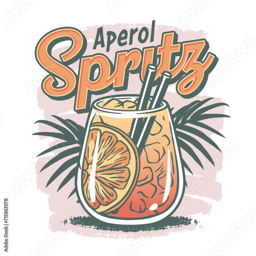 Aperol cocktail vector with ice and slice of orange for cocktail bar or drink summer party. Aperol spritz or alcohol cocktail with gin for beach bar and cafe menu