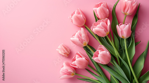 Beautiful composition spring flowers. Bouquet of pink tulips flowers on pastel pink background. Generative Ai