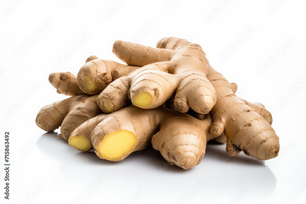 ginger root on a white background. a bunch of whole ingredients and cut pieces. ginger root on a white background. a bunch of whole ingredients and cut pieces.