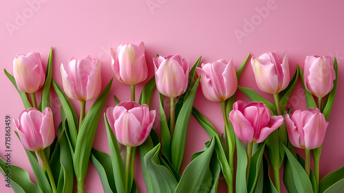 Beautiful composition spring flowers. Bouquet of pink tulips flowers on pastel pink background. Generative Ai © Xpert