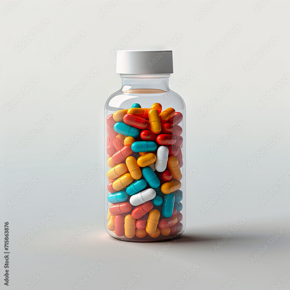 a bottle of colored medicine in capsules a bottle of colored medicine in capsules