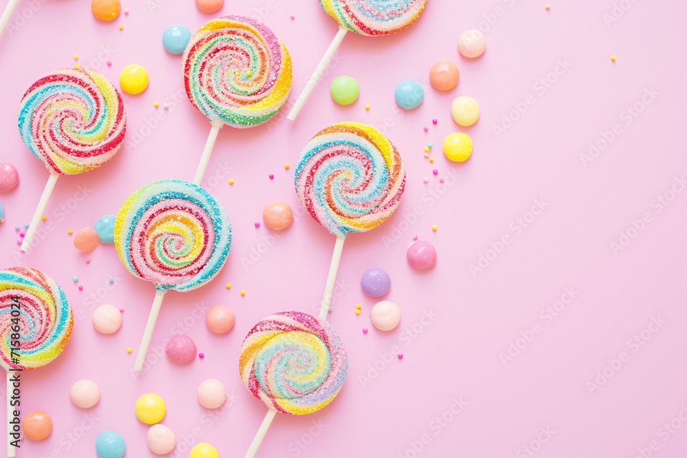 Vibrant, lively design featuring lollipops and a vivid color palette of pink, yellow, green, blue, and silver sparkles on a soft pink backdrop Vibrant, lively design featuring lollipops and a vivid color palette of pink, yellow, green, blue, and silver sparkles on a soft pink backdrop