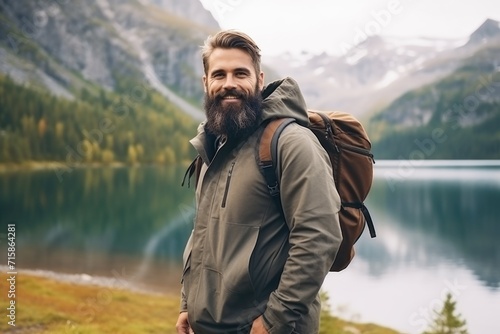 A rugged tourist, backpack in tow, takes in the breathtaking view of mountains and a tranquil lake.