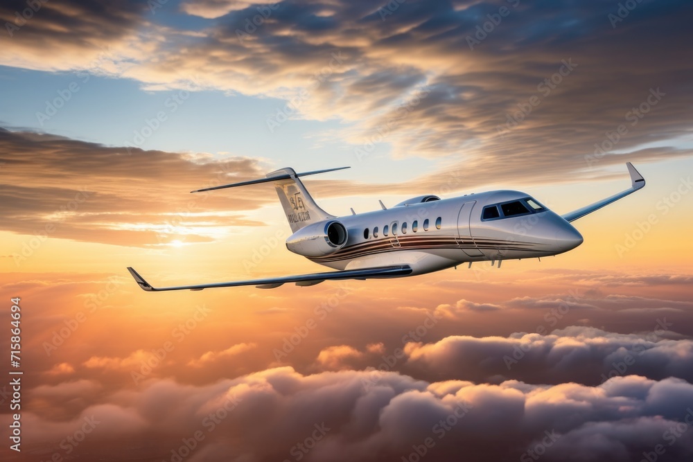 In the canvas of the sunset sky, a business jet glides through the clouds, a vision of opulence and success.
