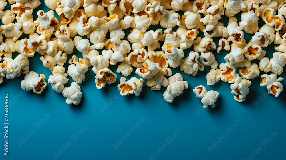 popcorn scattered on a blue background popcorn scattered on a blue background