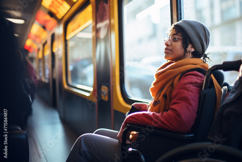 Pensive young person in a wheelchair using public transport photo