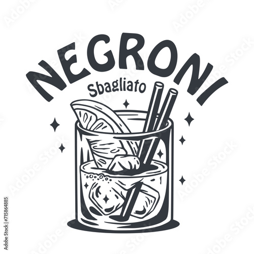Negroni cocktail vector with ice and slice of orange for cocktail bar or drink summer party. Monochrome negroni sbagliato or alcohol cocktail for beach bar and cafe menu