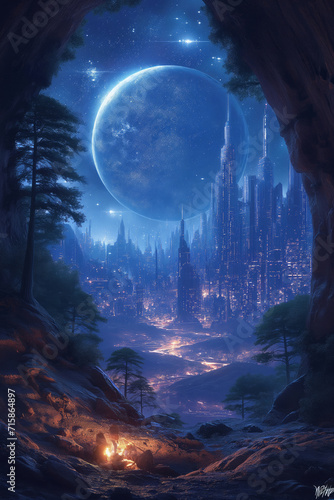 illustration of a space city in the mountains, in blue colors © Olena