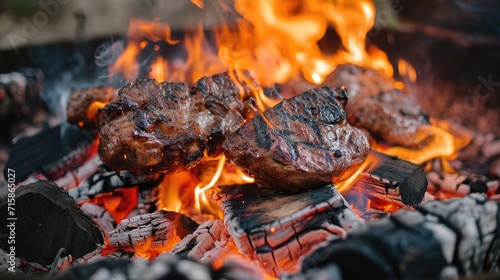 Meat steak piece bbq cooking fry on campfire wallpaper background