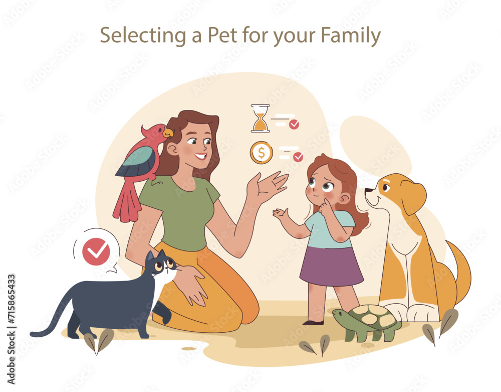 Family Choices concept. A mother guides her child in selecting a pet, fostering a connection between animals and family.