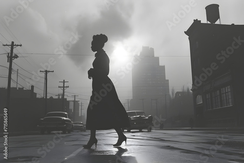 A monochromatic vintage image of a black woman walking in the city of Detroit in 1950 photo