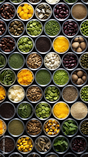 Various legumes and grains neatly arranged in containers, showcasing a colorful spectrum of healthy food options.
