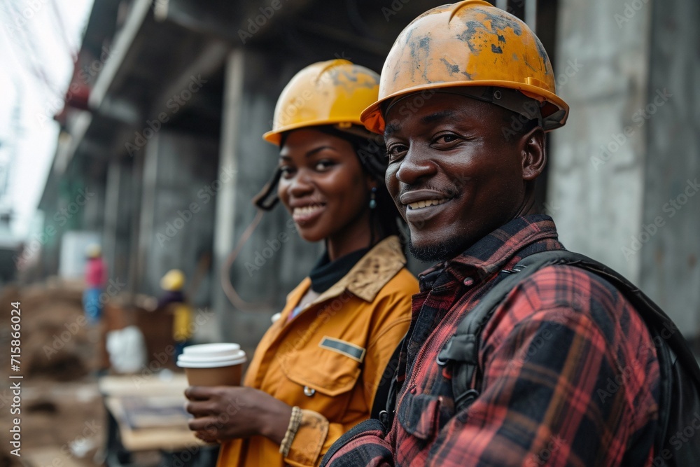Group photo of diverse engineers with cheerful expressions at a building site holding beverages, working together on a project with a model. Group photo of diverse engineers with cheerful expressions at a building site holding beverages, working together on a project with a model.