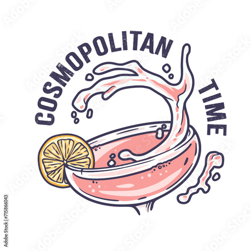 Cosmopolitan cocktail vector with orange zest for cocktail bar or drink summer party. Alcohol cocktail with vodka for beach bar and cafe menu
