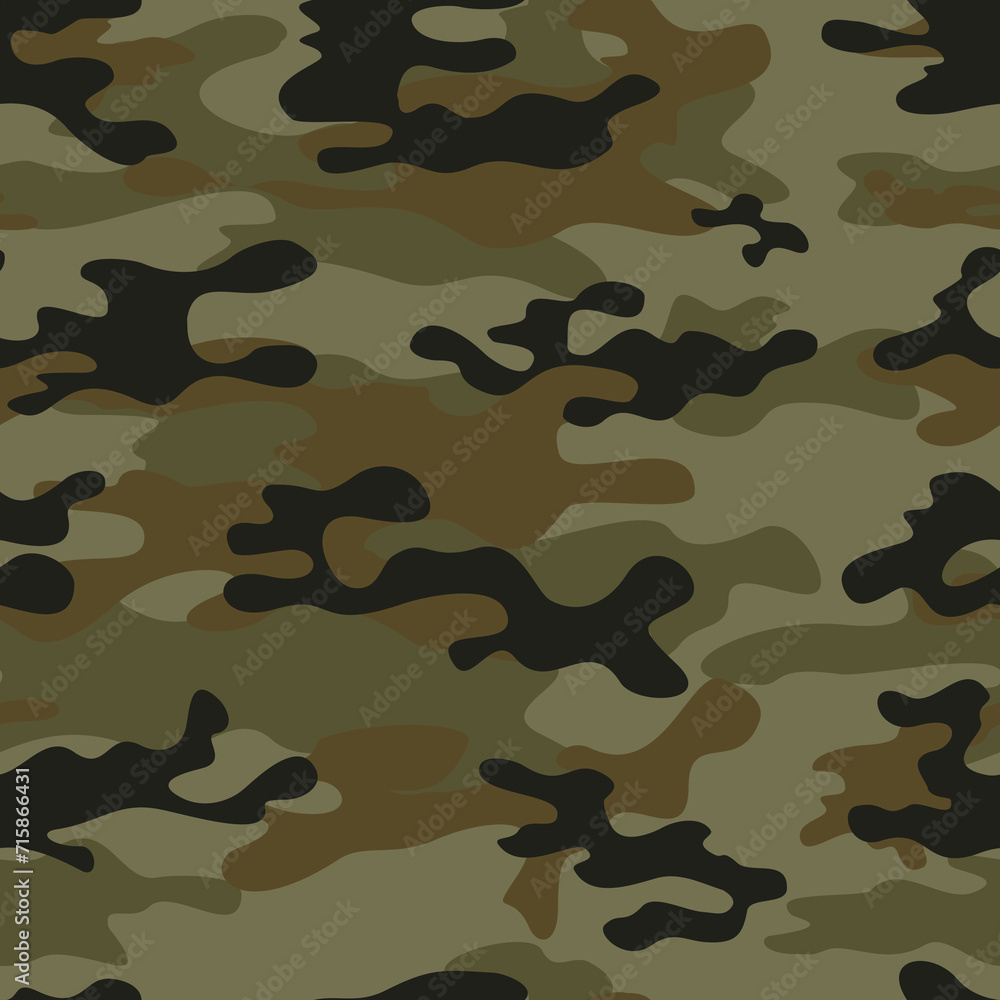 Fototapeta premium Army camouflage green khaki background vector seamless pattern, military uniform, urban modern print
