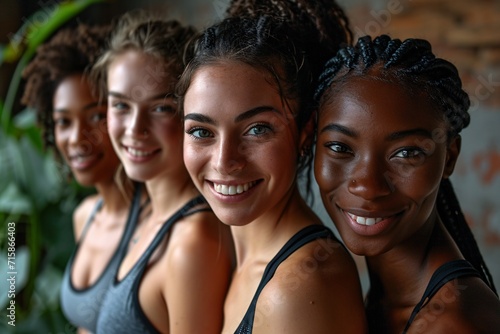 A group of women posing happily in a studio in athletic attire, showcasing their passion for physical activity and wellness.
