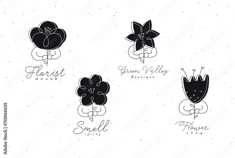 Man with flower labels set drawing in minimalism linear style black